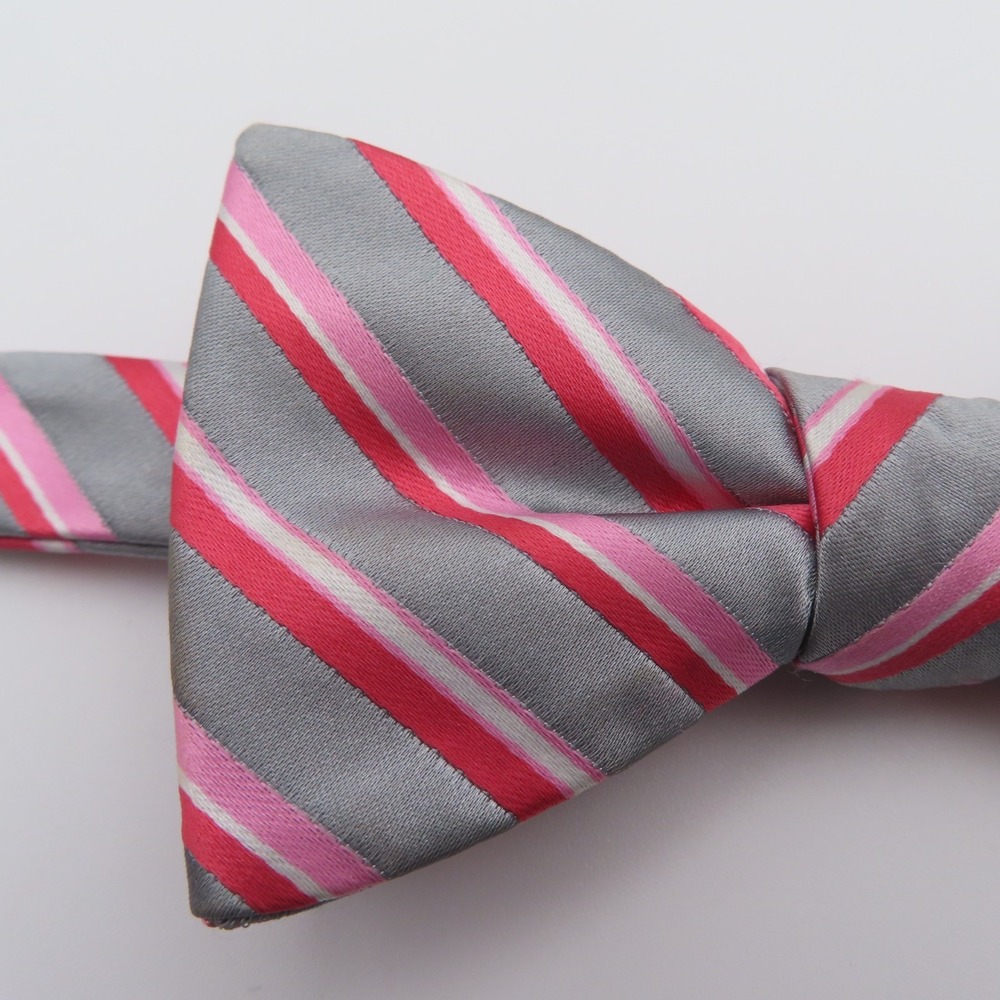 J Ferrar Bow Tie Pink Gray Striped 2.25" Wide Pre Tied Polyester Formal Wedding - Picture 2 of 4